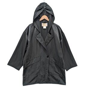 Vtg Lundstrom Laparka Coat Womens Black Hooded Nylon Overcoat Mid Length Sz OS P